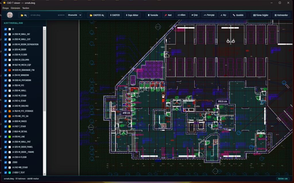 DWG açık — 51 katmanlı mimari plan, çap ve yarıçap ölçüleri.